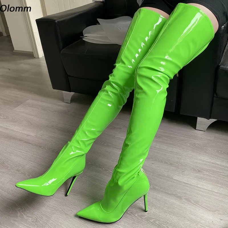 

Olomm Women Spring Thigh Boots Stiletto High Heels Patent Zipper Chic Pointed Toe Gorgeous Green Party Shoes Ladies US Size 5-15