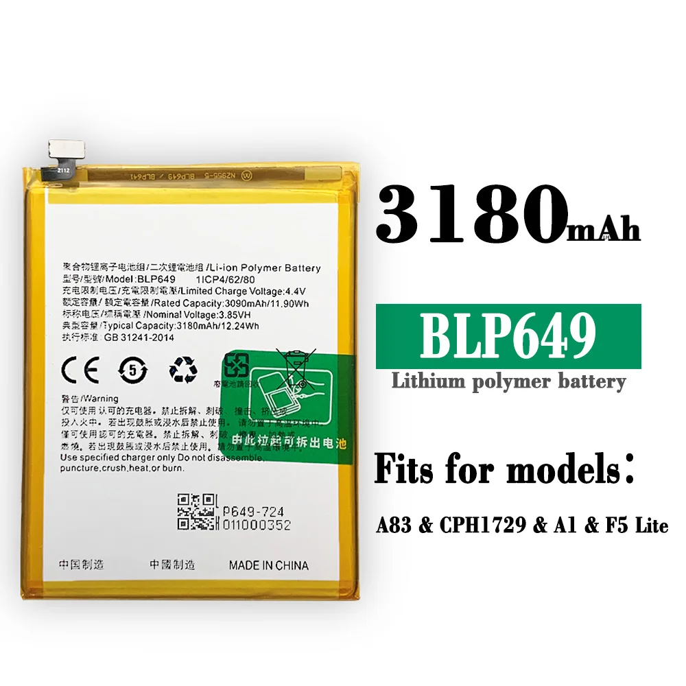 100% оригинальный высококачественный Сменный аккумулятор для OPPO A83 A1 A83T F5 Lite BLP649 встроенный литиевый аккумулятор высокой емкости
100% оригинальный высококачественный Сменный аккумулятор для OPPO A83 A1 A83T F5 Lite BLP649 встроенный литиевый аккумулятор высокой емкости