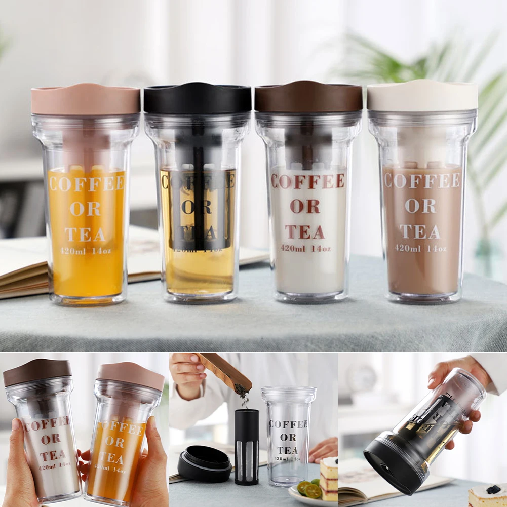 420ML Insulated Coffee Mug Double Wall Plastic Coffee Cup with Leakproof Lid Infuser for Loose Tea Cold Brew Tumbler Water Cup
420ML Insulated Coffee Mug Double Wall Plastic Coffee Cup with Leakproof Lid Infuser for Loose Tea Cold Brew Tumbler Water Cup