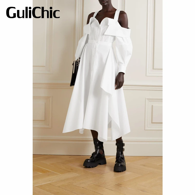 8,17 GuliChic женское модное белое однобортное облегающее хлопковое ДРАПИРОВАННОЕ асимметричное платье-рубашка средней длины с разрезом 
8,17 GuliChic женское модное белое однобортное облегающее хлопковое ДРАПИРОВАННОЕ асимметричное платье-рубашка средней длины с разрезом