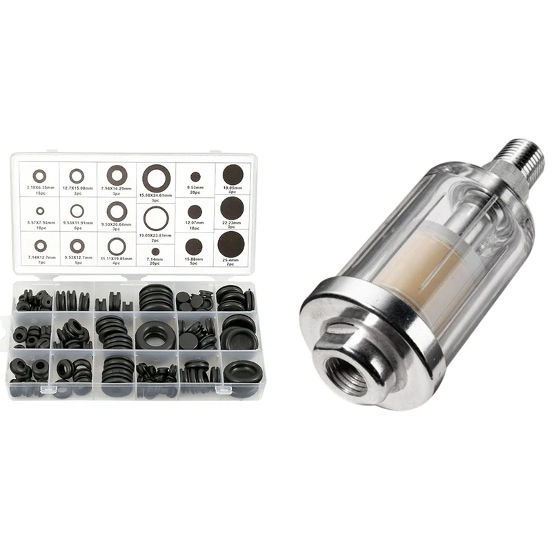 1/4 Inch Pneumatic Dust Filter Oil Water Separator With 125 Piece Rubber Grommet Eyelet Ring Gasket Assortment
1/4 Inch Pneumatic Dust Filter Oil Water Separator With 125 Piece Rubber Grommet Eyelet Ring Gasket Assortment