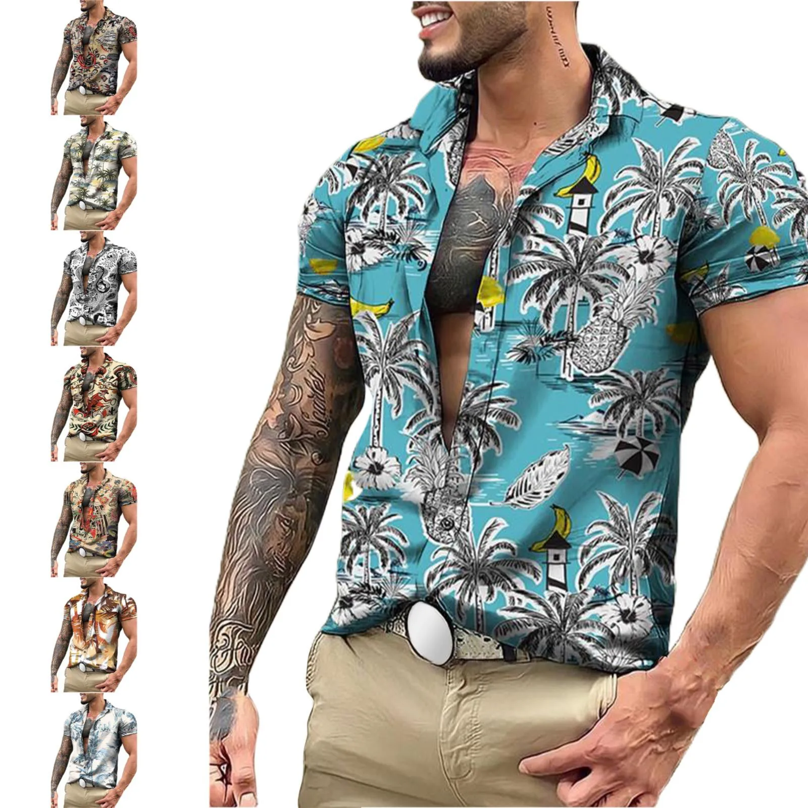 

Men Fashion Spring Summer Casual Short Sleeve Turndown Neck Printed T Shirts Top Blouse Social dress shirt 3D Print Camisa