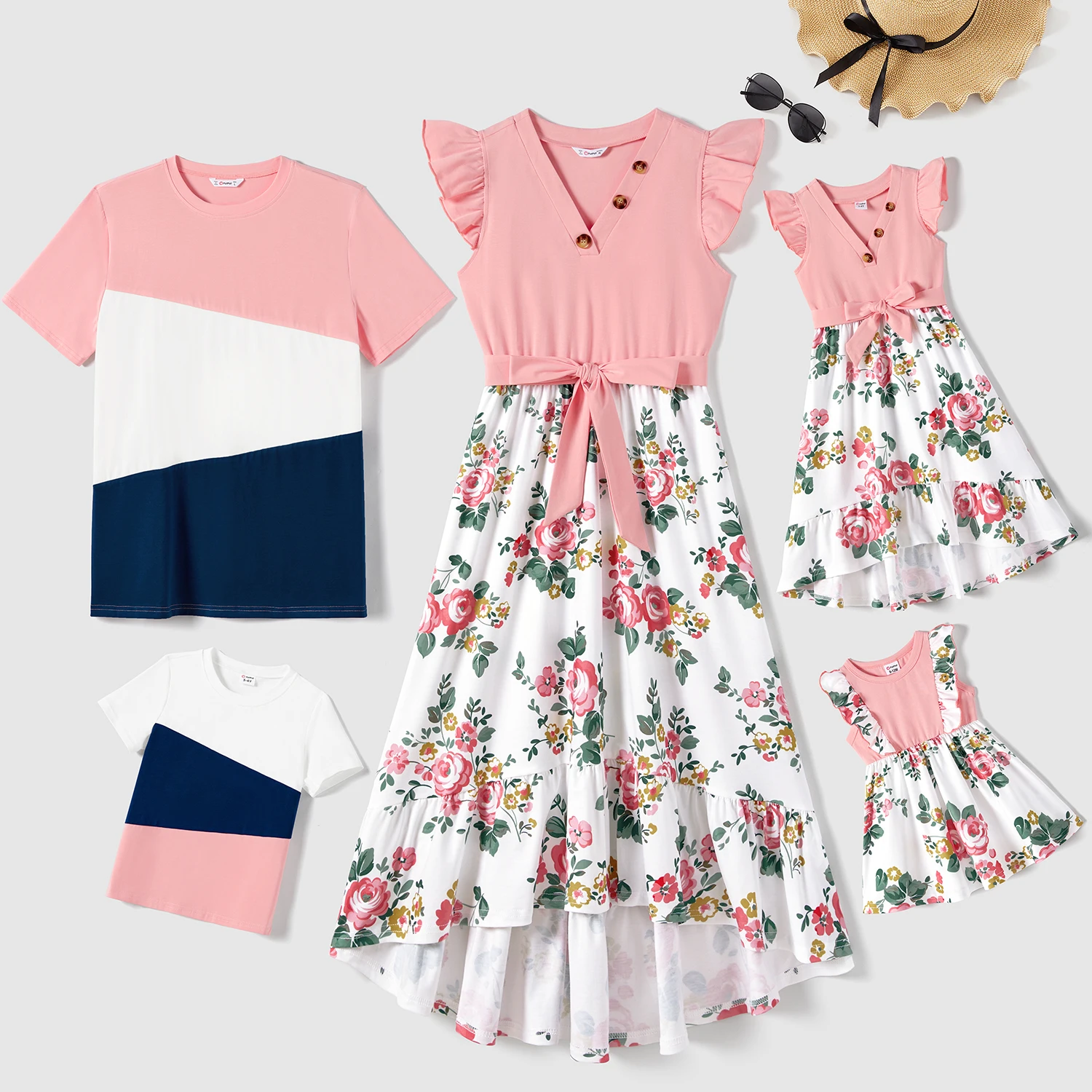 

PatPat Family Matching Colorblock Short-sleeve Tee and Floral Print Front Buttons Flutter-sleeve Belted Dress Sets
