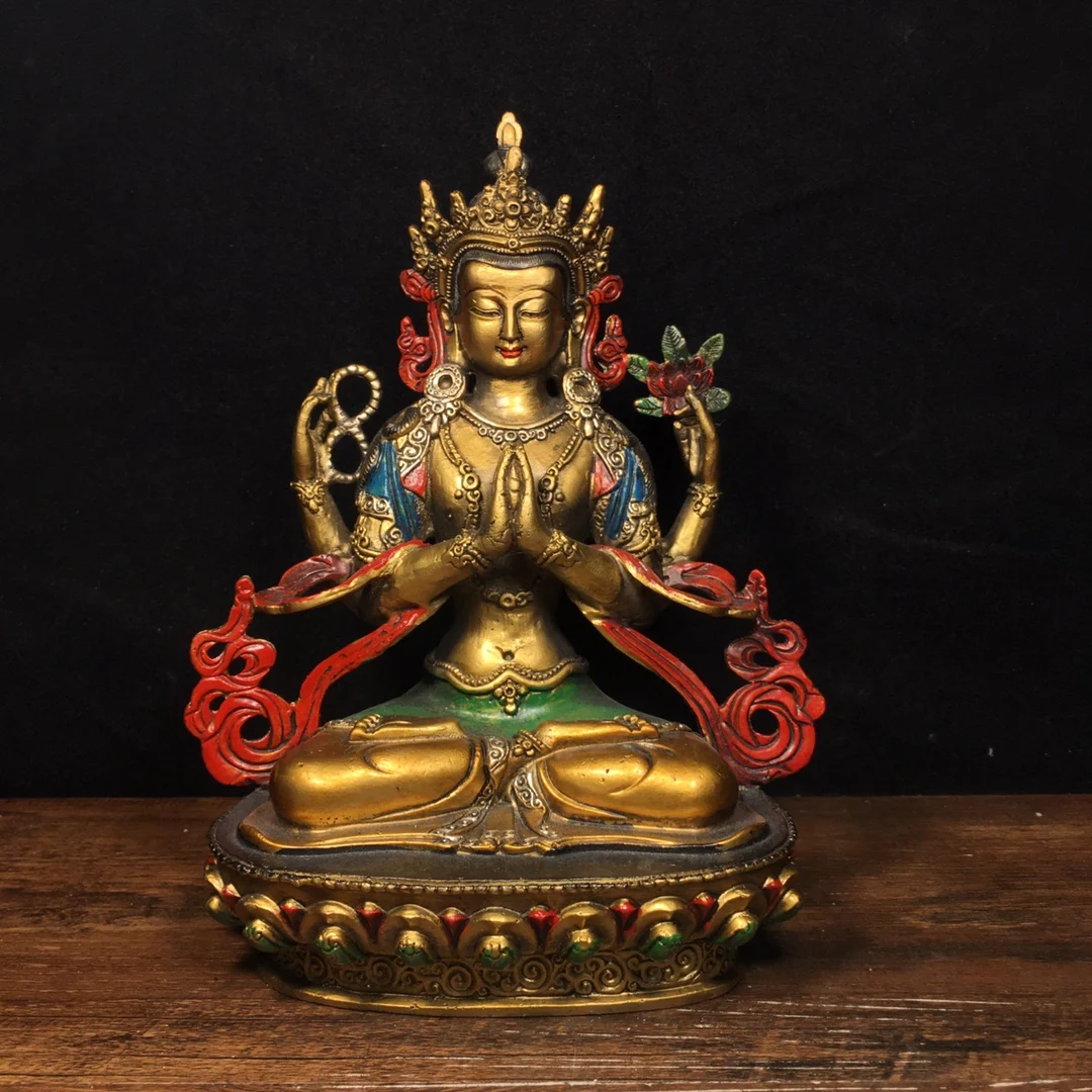 8"Tibetan Temple Collection Old Bronze Painted Four-armed Guanyin lotus platform worship buddha Town house Exorcism
8"Tibetan Temple Collection Old Bronze Painted Four-armed Guanyin lotus platform worship buddha Town house Exorcism