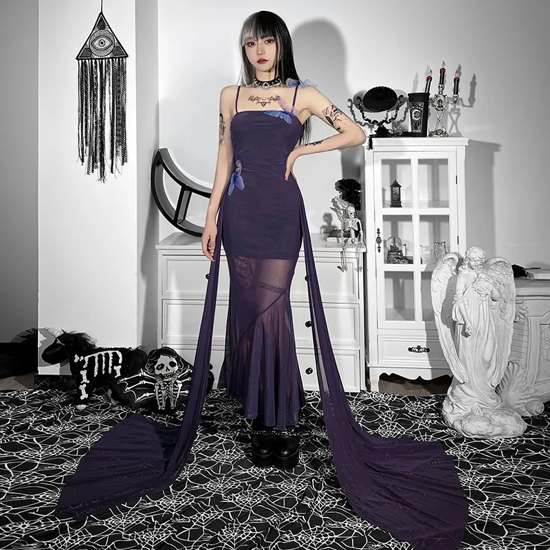 Gothic Waist Bandage Mesh Purple Dress Women Butterfly Sleeveless Goth Long Bodycon Dress Backless Sexy Party Bridesmaid Dresses
Gothic Waist Bandage Mesh Purple Dress Women Butterfly Sleeveless Goth Long Bodycon Dress Backless Sexy Party Bridesmaid Dresses
