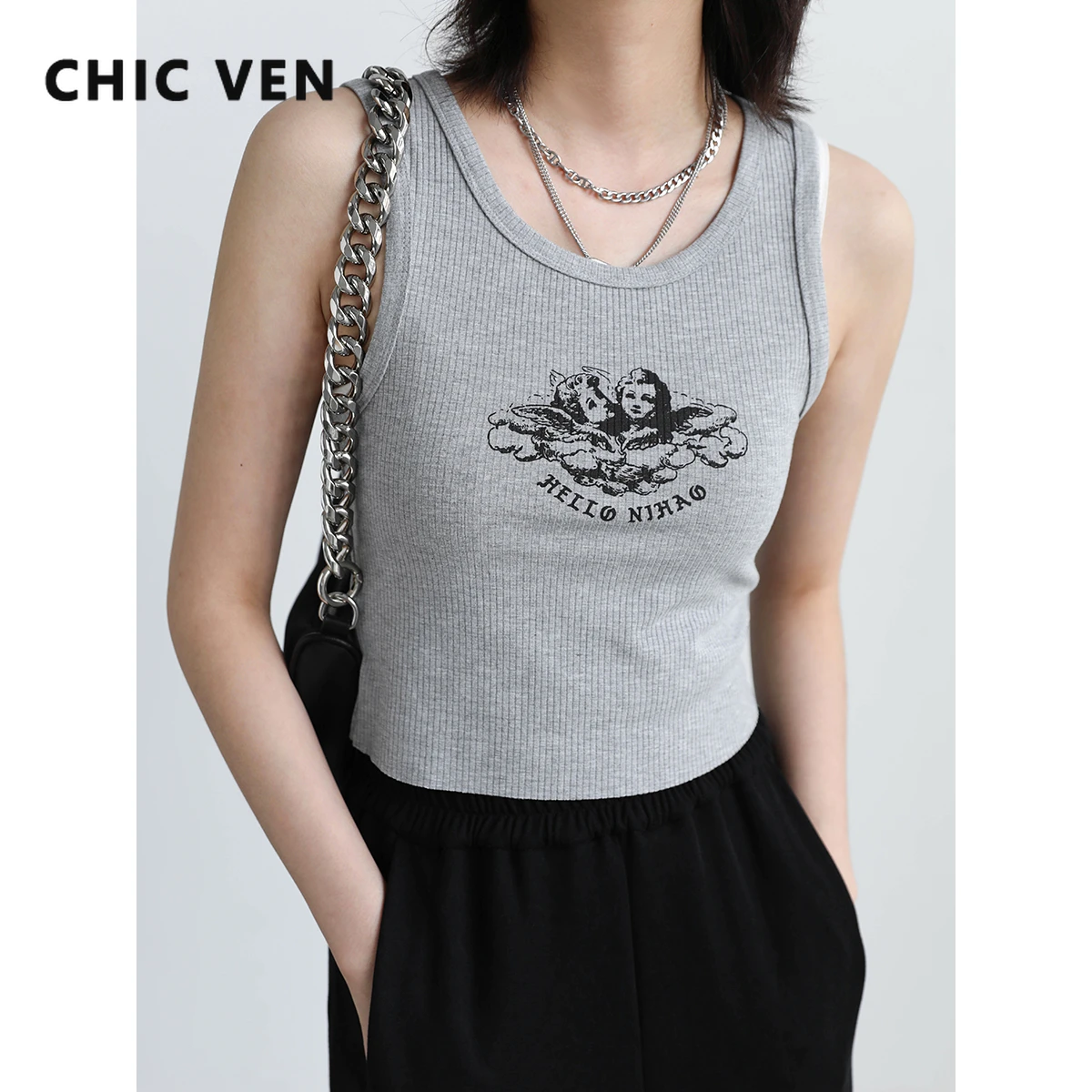 

CHIC VEN Women's Tanks Sleeveless Casual T-shirts Letter Angel Print Knitted Suspender Vest Short Top Female Ladies Summer 2022