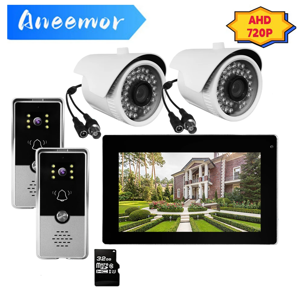 

Video Intercom with 2 Security Cameras and Doorbells 720P Apartment Villa Security System IR Vision Visual Door Phone for Home