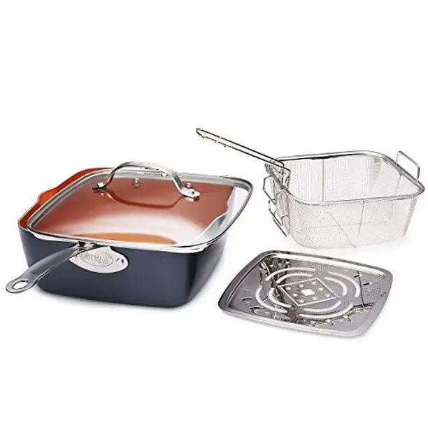 6 Quart XL Nonstick Copper Deep Square All in One 6 Qt Casserole ’s Pan & Stock Pot- 4 Piece Set, Includes Frying Basket and S
6 Quart XL Nonstick Copper Deep Square All in One 6 Qt Casserole ’s Pan & Stock Pot- 4 Piece Set, Includes Frying Basket and S