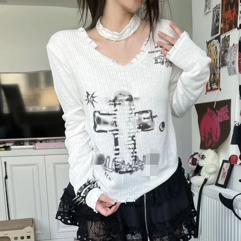 

Hikigawa Streetwear Vintage Long Sleeve Slim Knitted Thin T-shirts Women V Neck Chic Fashion Early Autumn Punk Y2k Tops Mujer