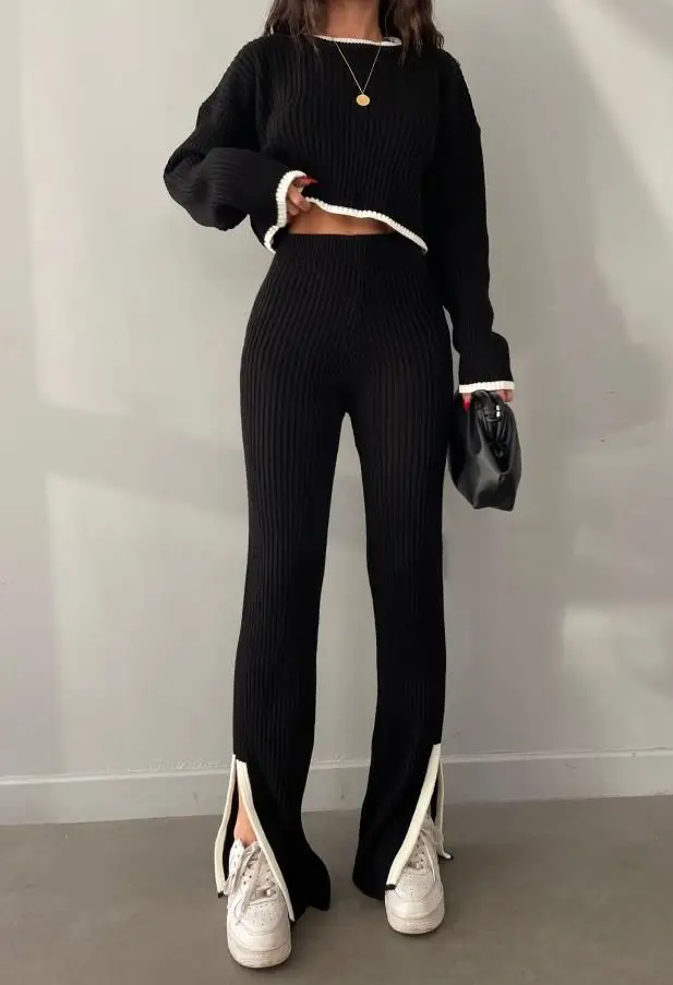 Женский трикотажный комплект из двух предметов, Повседневный свитер с длинным рукавом и контрастные брюки с разрезом, Осень-зима-весна 2023
Женский трикотажный комплект из двух предметов, Повседневный свитер с длинным рукавом и контрастные брюки с разрезом, Осень-зима-весна 2023