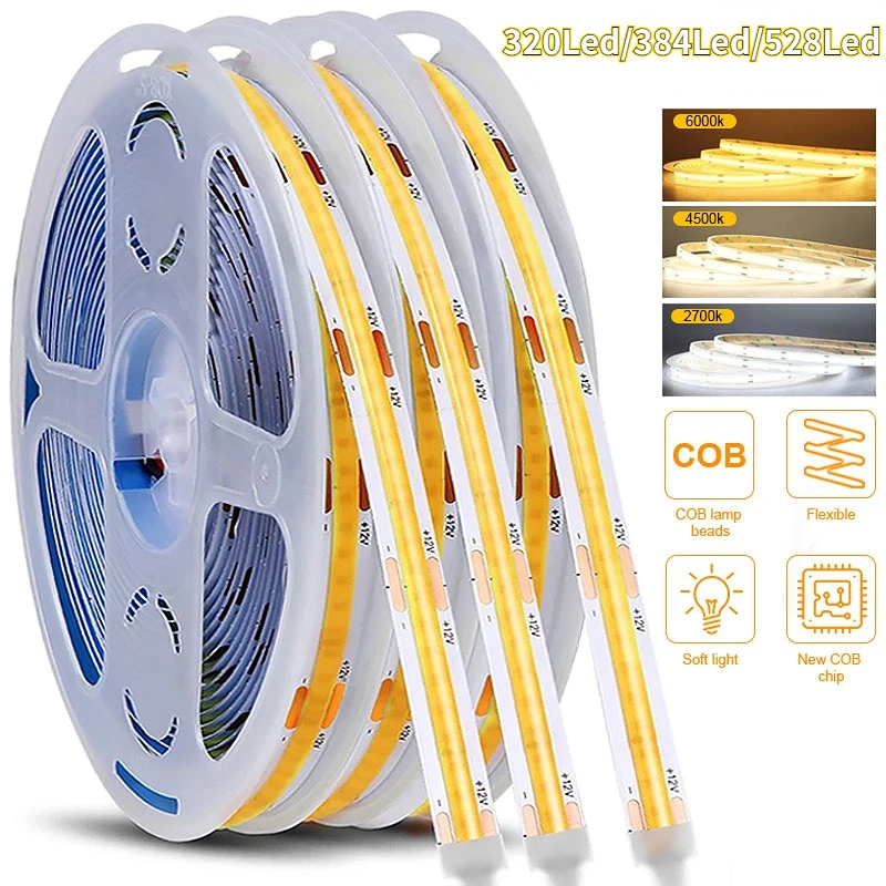 

Waterproof COB LED Strip 320 384 528 LEDs High Density Flexible COB LED Lights DC12V RA90 2700K 4500K 6000K LED Tape 5m/lot