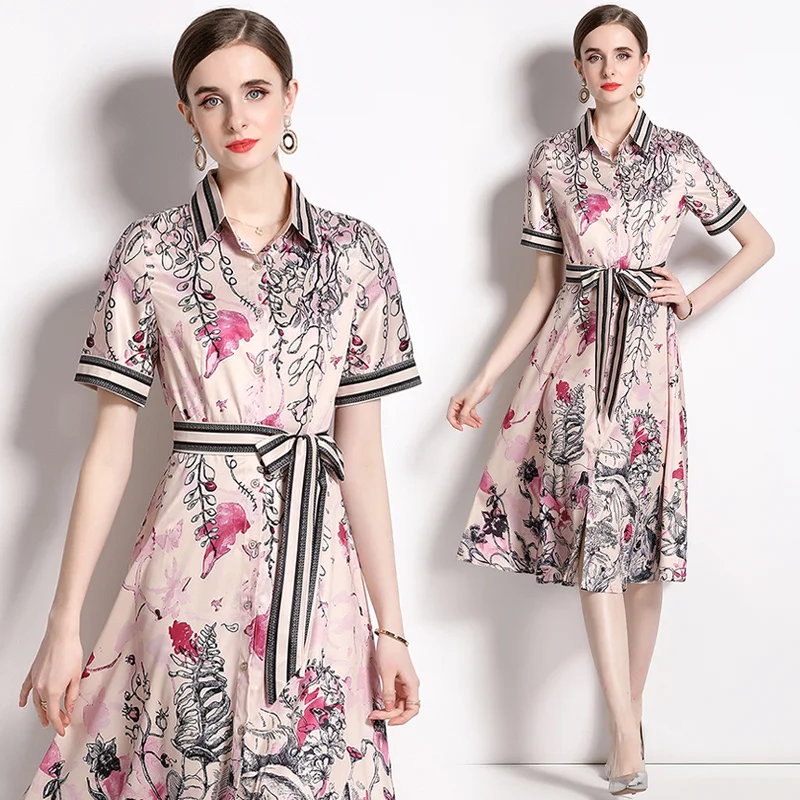 Women's Summer New High End Style Polo Neck Short Sleeve Single Breasted Print Bow Belt Slim Fit Fashion Holiday Shirt Dress
Women's Summer New High End Style Polo Neck Short Sleeve Single Breasted Print Bow Belt Slim Fit Fashion Holiday Shirt Dress