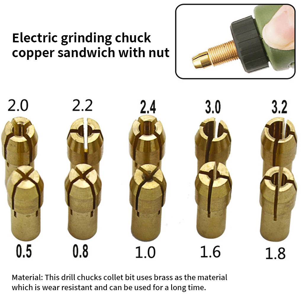 11pcs/Set Brass Drill Chucks Collet Bits 0.5-3.2mm 4.3mm Shank Screw Nut Replacement for Dremel Rotary Tool Power Tool Accessory
11pcs/Set Brass Drill Chucks Collet Bits 0.5-3.2mm 4.3mm Shank Screw Nut Replacement for Dremel Rotary Tool Power Tool Accessory