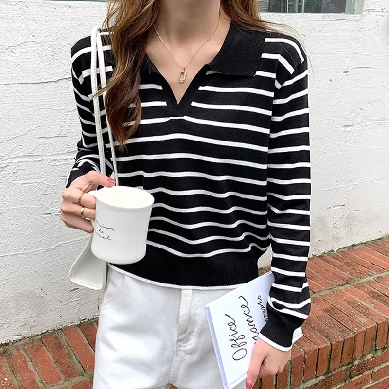 Women Long Sleeve striped polo collar Sweater Female Elegant Spring Autumn Casual Tops Korean Style thin Knitted Chic pullovers
Women Long Sleeve striped polo collar Sweater Female Elegant Spring Autumn Casual Tops Korean Style thin Knitted Chic pullovers