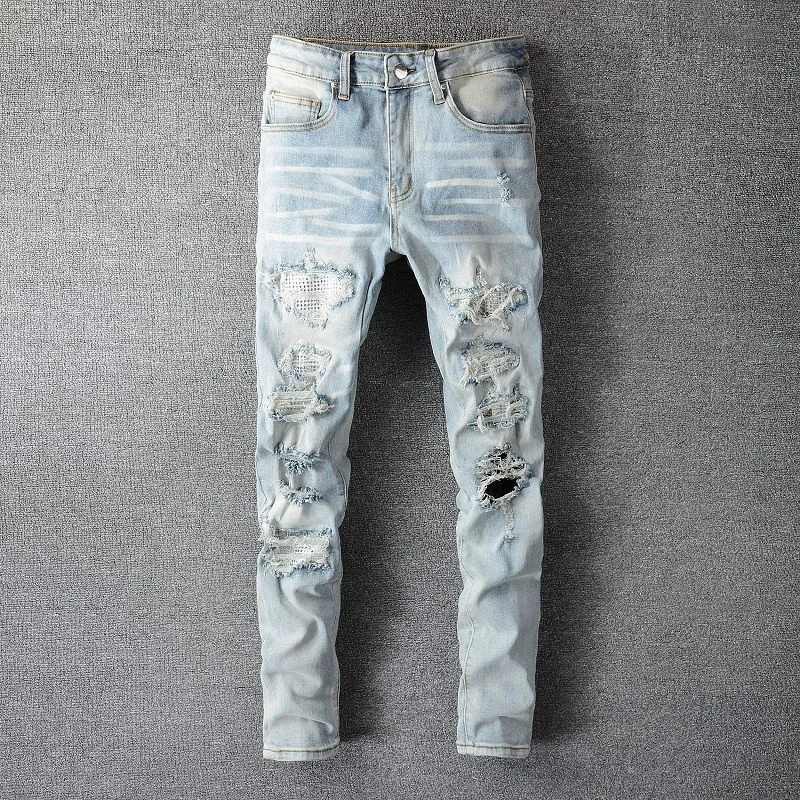 Patchwork Punk Hip Hop Jeans Pants Streetwear Rhinestones Men Jeans Light Blue 2021 Elastic Slim Fit Destroyed Ripped Jeans Men
Patchwork Punk Hip Hop Jeans Pants Streetwear Rhinestones Men Jeans Light Blue 2021 Elastic Slim Fit Destroyed Ripped Jeans Men