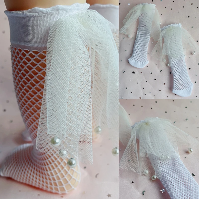

1Pair Kids Girls White Knee-High Fishnet Mesh Socks for 1 2 3 4 5 Years Old Lace Bowknot Beads Embellished Summer Baby Stocking