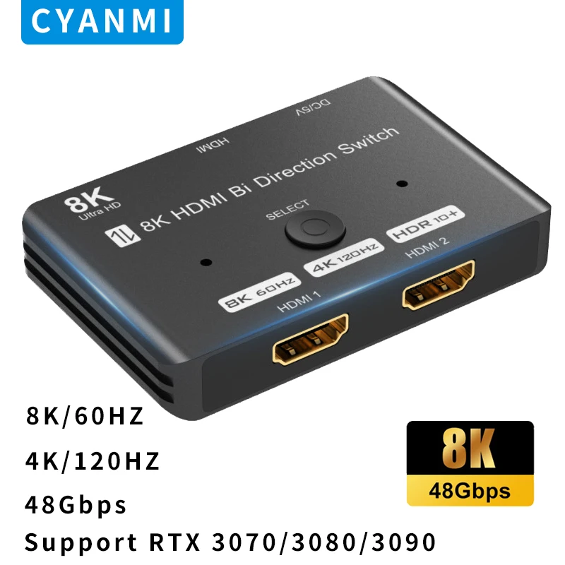 

HDMI 2.1 Bi-Directional Switcher Adapter HDMI 2.1 Splitter 8K@60Hz 4K@120Hz Compatible 1x2/2x1 for PS4 PS5 3080 Switch HDTV Xbox