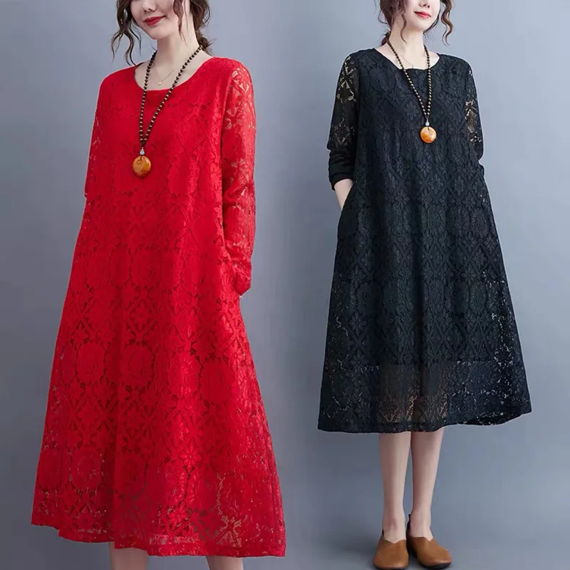 Solid Color Lace Dress Women 2022 Spring Autumn New Korean Loose Thin Casual Dress Round Neck Long Sleeve Mid-length Dress
Solid Color Lace Dress Women 2022 Spring Autumn New Korean Loose Thin Casual Dress Round Neck Long Sleeve Mid-length Dress