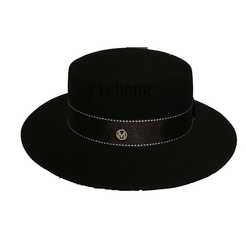 

YY French Style New Flat Top Woolen Bowler Hat Women's Autumn and Winter British Retro Easy Matching Black
