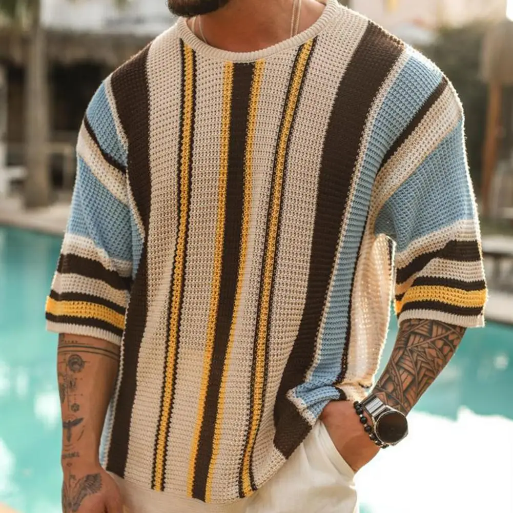 Men Sweater Striped Print Knitted Half Sleeve Loose Sweater Pullover Elastic Anti-shrink Men Summer Fall Spring Sweater
Men Sweater Striped Print Knitted Half Sleeve Loose Sweater Pullover Elastic Anti-shrink Men Summer Fall Spring Sweater