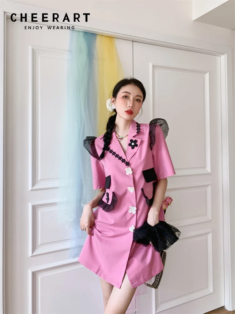 CHEERART Designer Pink Summer Blazer Dress Women Short Sleeve High Fashion Button Mini Ladies Dress Elegant Trendy Clothes
CHEERART Designer Pink Summer Blazer Dress Women Short Sleeve High Fashion Button Mini Ladies Dress Elegant Trendy Clothes