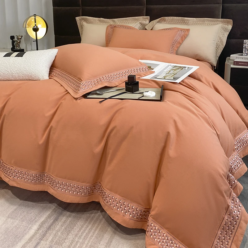 

King Size Bedding Set Luxury Senior Soft Cotton Embroidery Duvet Cover Set Flat Fitted Bed Sheet Pillowcases Comforter Beds Set