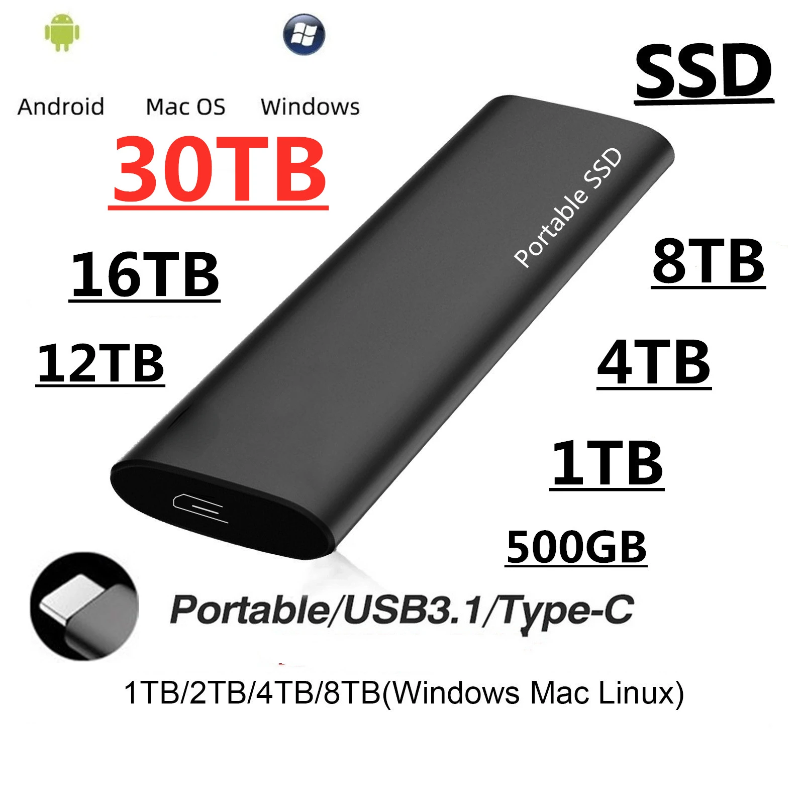 30TB Mini SSD High-capacity USB3.1 Type-C Interface High-speed PortableHard Disk Metal Matte Surface Material External Hard Disk
30TB Mini SSD High-capacity USB3.1 Type-C Interface High-speed PortableHard Disk Metal Matte Surface Material External Hard Disk