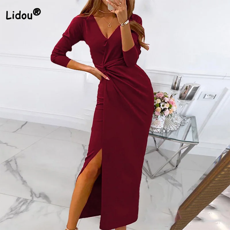 Spring Autumn Women Clothing Evening Party Sexy V-Neck Belt Solid Long Sleeve Split Irregular Long Dress Chest Wrap Robe Female 
Spring Autumn Women Clothing Evening Party Sexy V-Neck Belt Solid Long Sleeve Split Irregular Long Dress Chest Wrap Robe Female