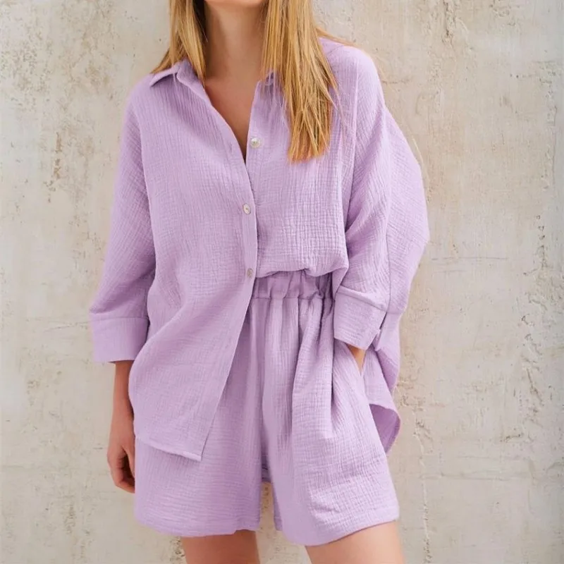 Cotton Pajamas For Women Sets Suit Casual Sleepwear Turn-Down Collar Nine Quarter Sleeve Sleep Tops Shorts Female Homewear
Cotton Pajamas For Women Sets Suit Casual Sleepwear Turn-Down Collar Nine Quarter Sleeve Sleep Tops Shorts Female Homewear