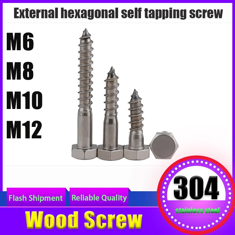 

Wood Screw M6M8M10 Stainless Steel Hexagon Head Self Tapping Screw DIN571 External Hex Head Cap Tapping Large Long Wood Screw