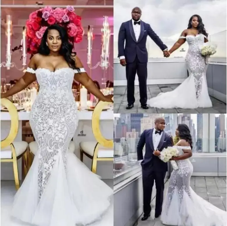 Женское свадебное платье с юбкой-годе, кружевное платье с открытыми плечами и шлейфом для невесты 
Женское свадебное платье с юбкой-годе, кружевное платье с открытыми плечами и шлейфом для невесты