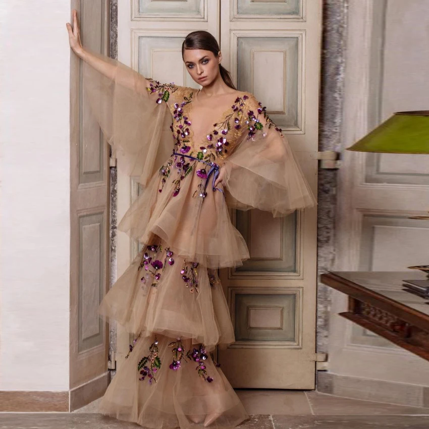 New Floral Prom Dresses Champagne Evening Dress Applique Vestido Longo robe de soiree Extra Puff Evening Gowns Full Sleeve
New Floral Prom Dresses Champagne Evening Dress Applique Vestido Longo robe de soiree Extra Puff Evening Gowns Full Sleeve
