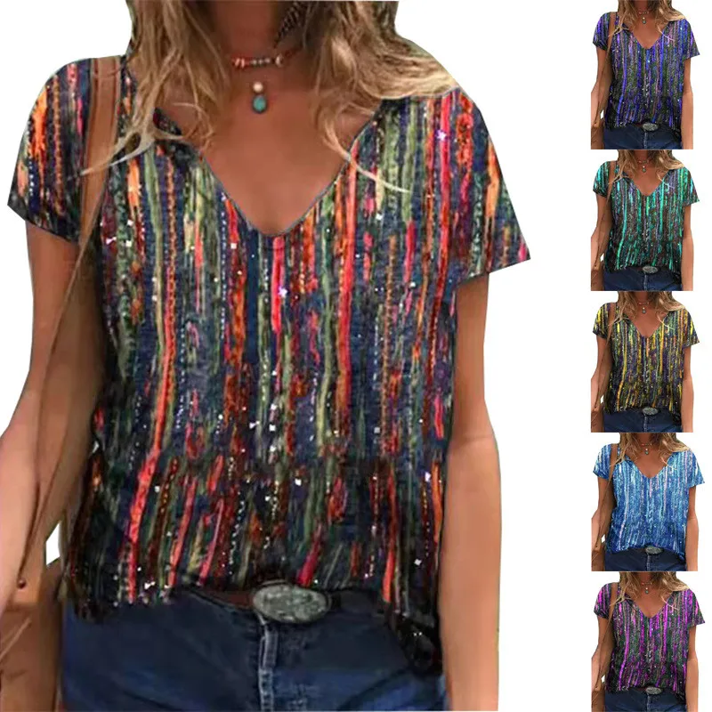 Sleeve Women T-Shirts Summer Female High Street Tee Lady StripShorted Print Casual Tops Size V-Neck T-Shirt Pullovers
Sleeve Women T-Shirts Summer Female High Street Tee Lady StripShorted Print Casual Tops Size V-Neck T-Shirt Pullovers
