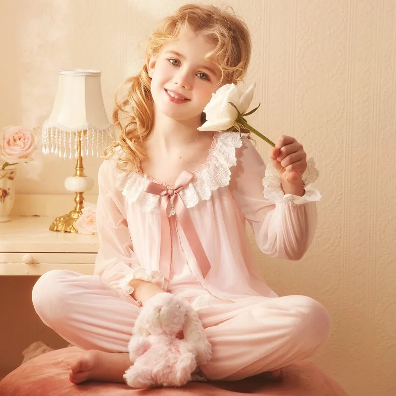 cotton short pajama sets 2019 Spring Children's Girls Lolita Dress Princess Sleepshirts Vintage Nightgowns Baby Nightdress Kids Sleepwear Pajamas Gown elegant pajama sets