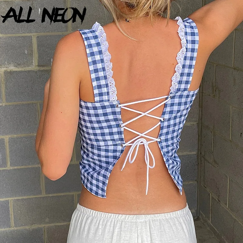 

ALLNeon Y2K Aesthetic Lace Patchwork Plaid Pattern Straps Tanks Top Women Sexy Backless Bandage Crop Tops Slim Kawaii Girl Vests