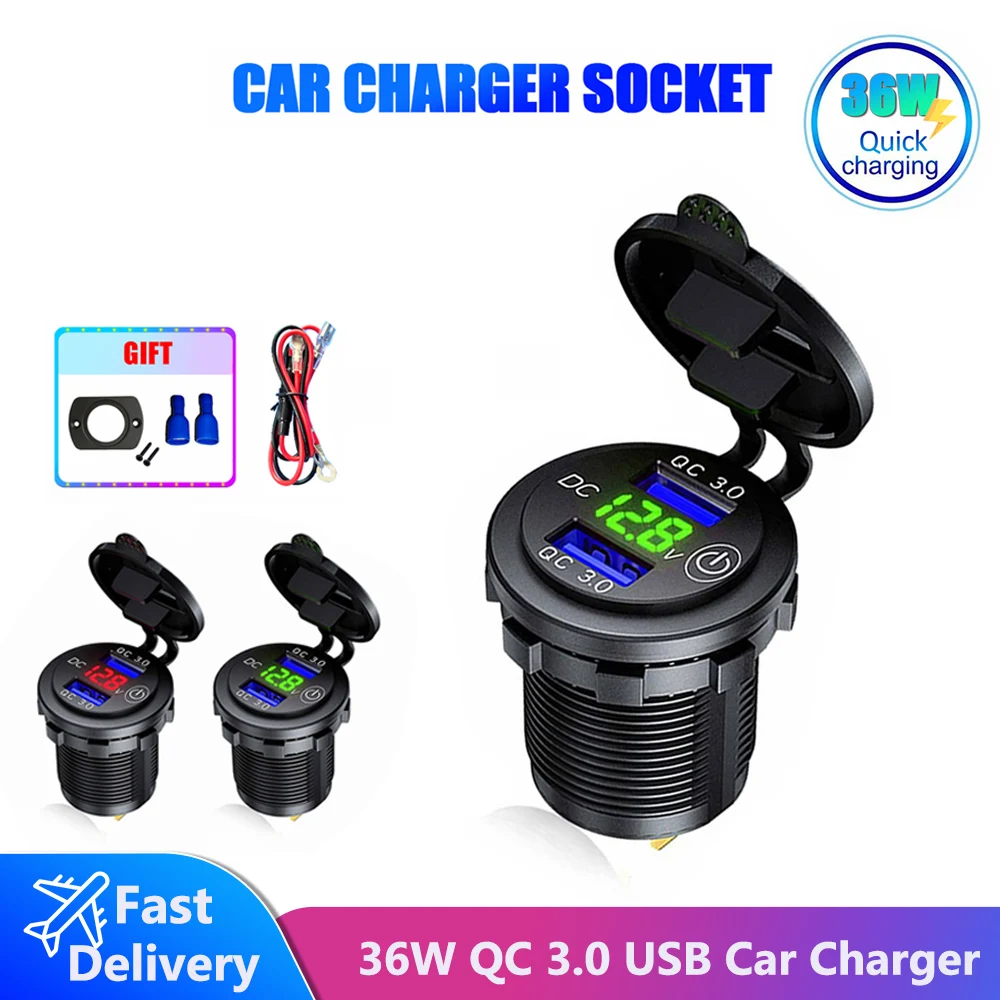 Universal QC 3.0 36W Car USB Charger Dual USB Quick Charger Socket LED Display w/ Caps for Truck Boat Motorcycle Car accessories
Universal QC 3.0 36W Car USB Charger Dual USB Quick Charger Socket LED Display w/ Caps for Truck Boat Motorcycle Car accessories