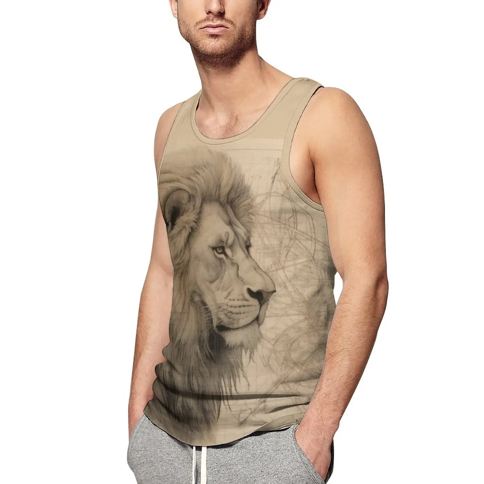 

Lion Tank Top Man's Pencil Drawing High Detail Sportswear Tops Beach Bodybuilding Pattern Sleeveless Vests Large Size 4XL 5XL