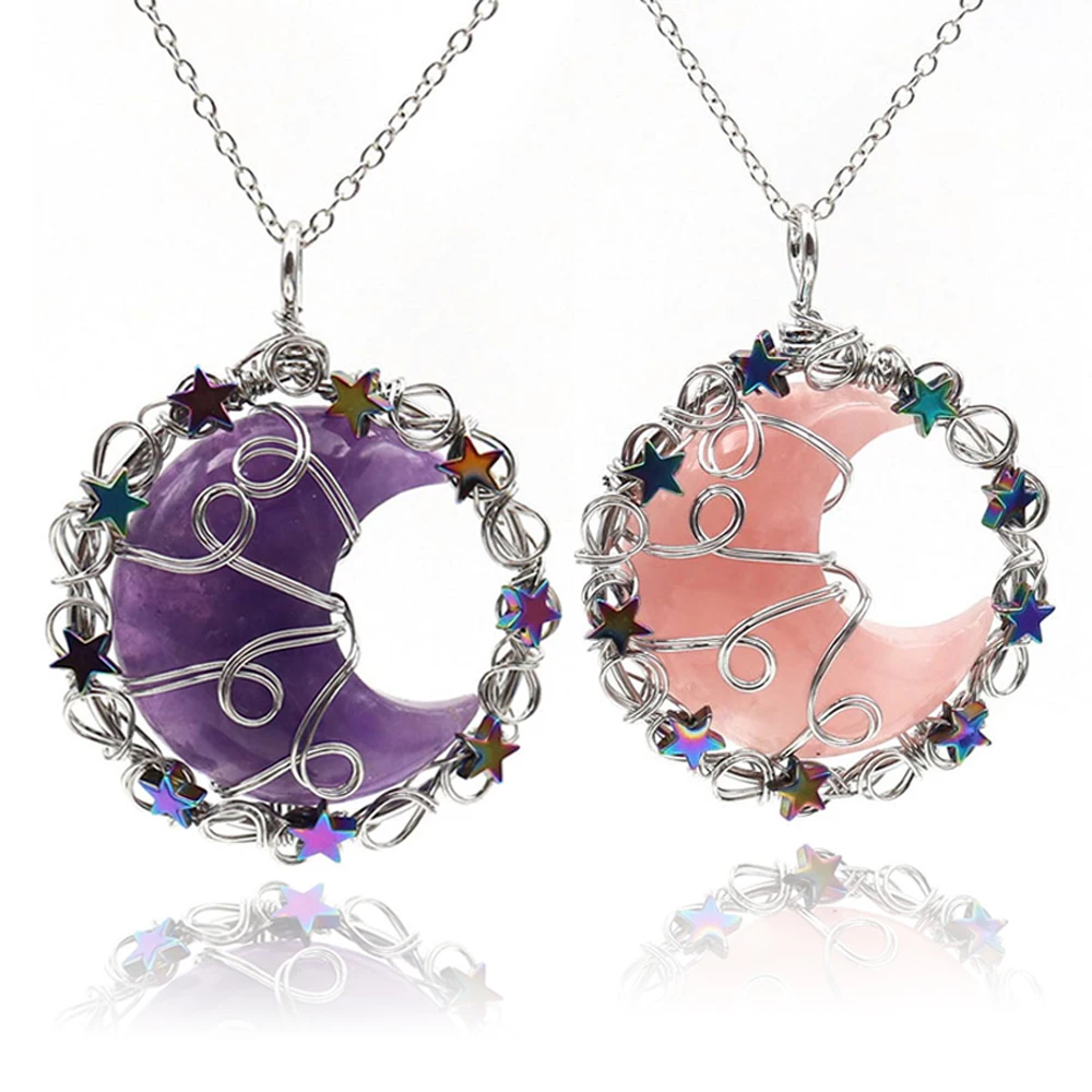 Natural Crystal Crescent Moon Shape Gems Pendant Handmade Wire Wrapped Star Winding Healing Pink Quartz Amethyst Stone Necklace
Natural Crystal Crescent Moon Shape Gems Pendant Handmade Wire Wrapped Star Winding Healing Pink Quartz Amethyst Stone Necklace