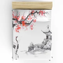 Crane Plum Tree Pavilion Ink Flower Chinese Style Custom Bedding Fitted Sheet Mattress Cover With Elastic Home Double Bed Sheet