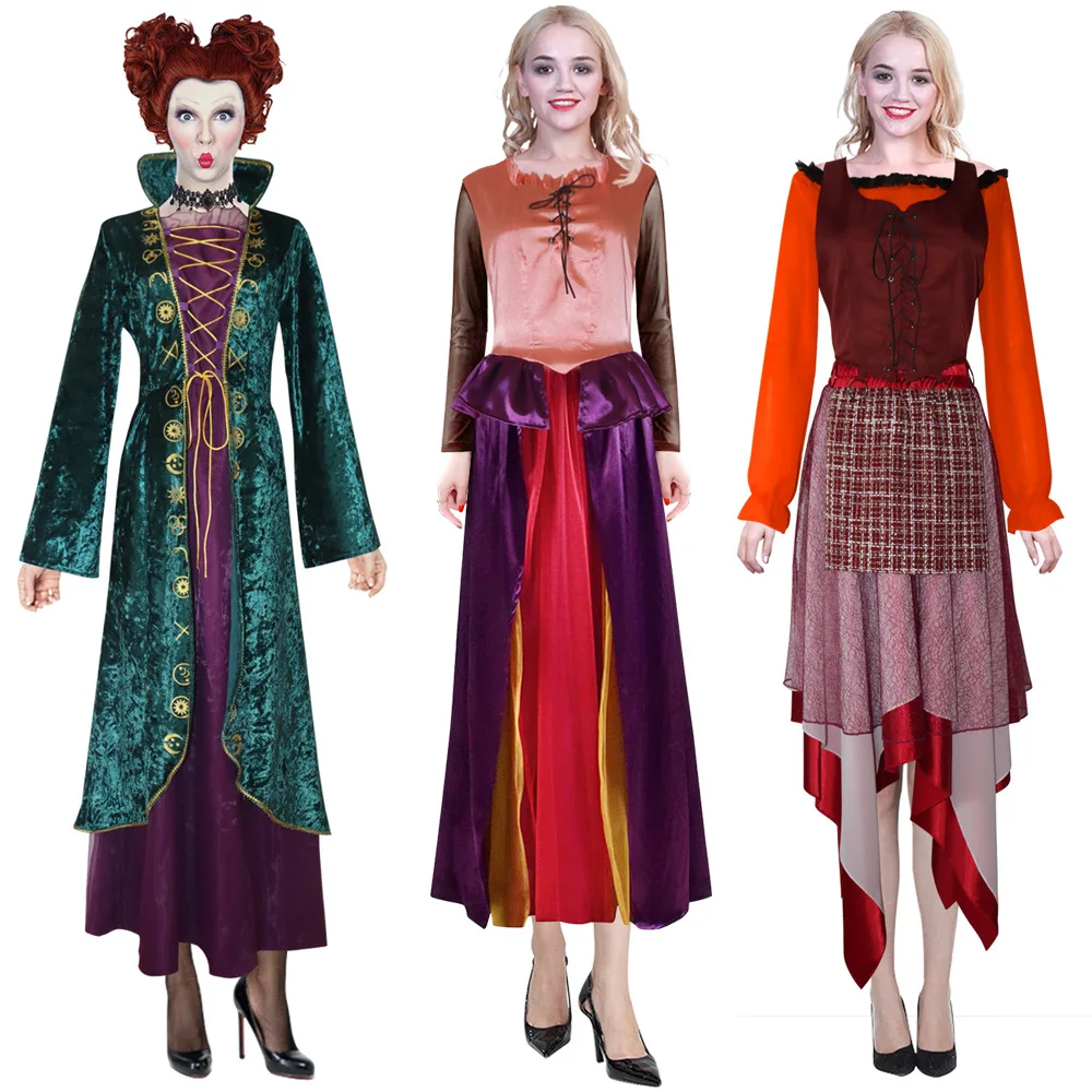 

Disney Movie Hocus Pocus 2 Sanderson Sisters Dress Witch Mary Sarah Winifred Cosplay Costume Halloween Adult Middle Ages Cape