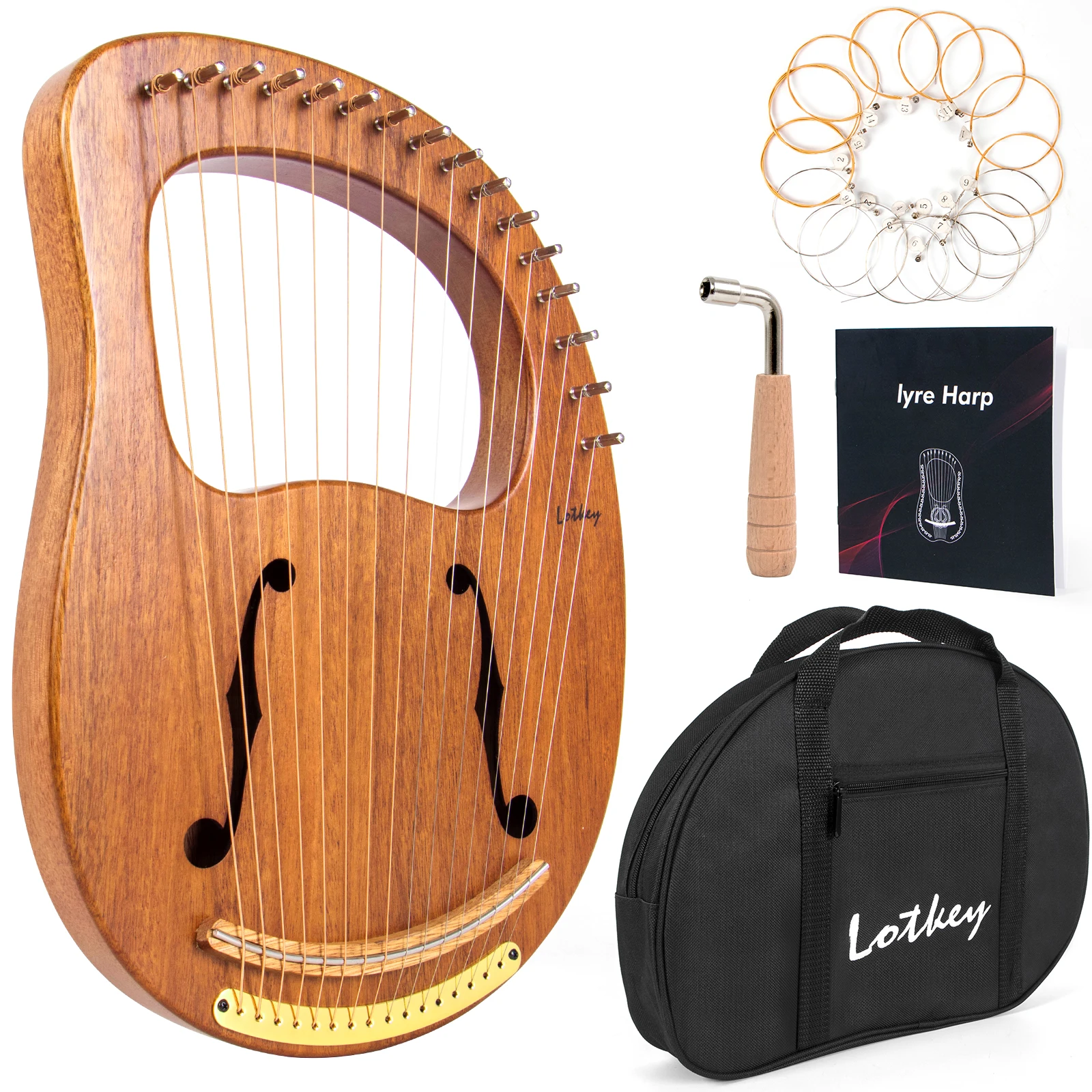 

Lyre Harp 16 Metal Strings Iron Saddle Mahogany with Tunning Wrench, Extract Strings, Manual, Gig Bag