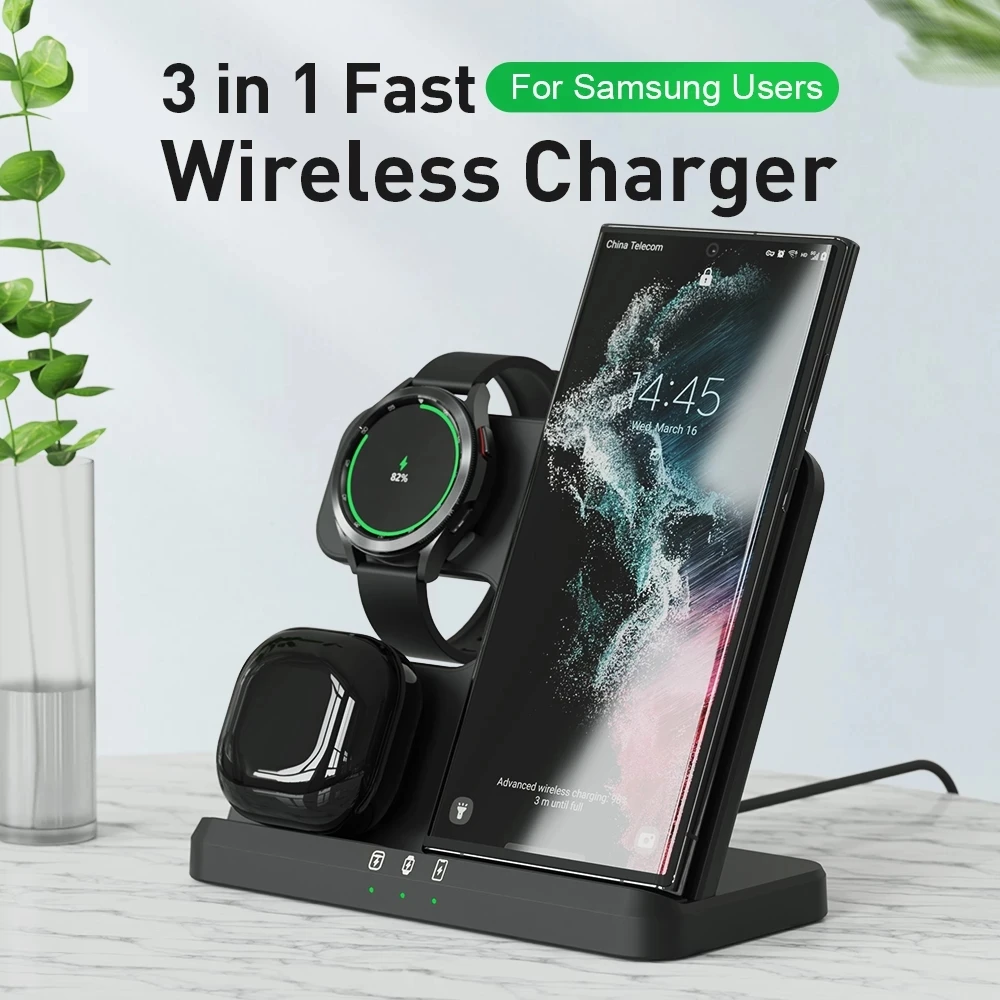 Беспроводное зарядное устройство 3 в 1, подставка для Samsung Galaxy S22/S21/S20/S10 Watch 3 4 Classic Active 2 LTE Buds Pro Live, 15 Вт, быстрая зарядка
Беспроводное зарядное устройство 3 в 1, подставка для Samsung Galaxy S22/S21/S20/S10 Watch 3 4 Classic Active 2 LTE Buds Pro Live, 15 Вт, быстрая зарядка