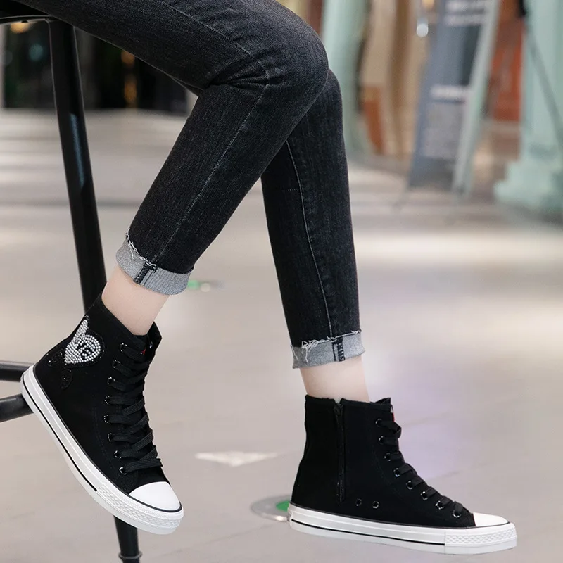 Casual canvas shoes inner zipper handmade custom rhinestone pearl high-top small white shoes trendy women's shoes 35-43 
Casual canvas shoes inner zipper handmade custom rhinestone pearl high-top small white shoes trendy women's shoes 35-43