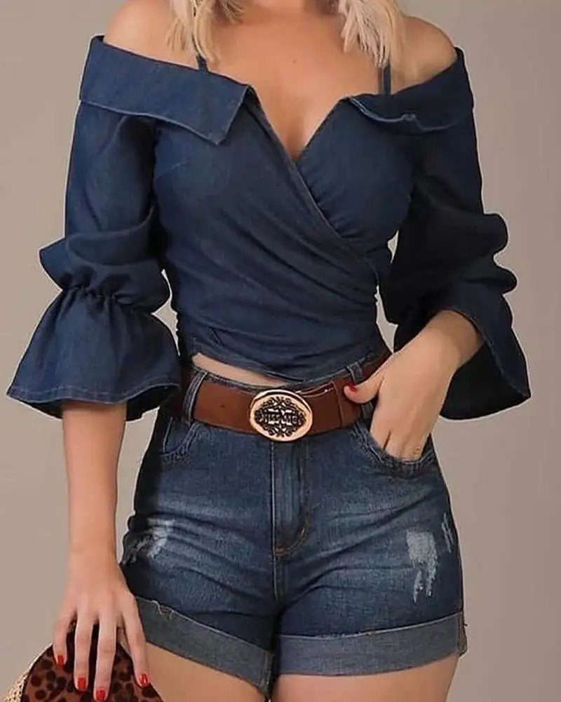 2023 Spring/Summer Women Solid Color Flared Sleeve Blouse Off Shoulder Bell Sleeve Tops Blouses for Women Jean Blouse Shirt Top
2023 Spring/Summer Women Solid Color Flared Sleeve Blouse Off Shoulder Bell Sleeve Tops Blouses for Women Jean Blouse Shirt Top