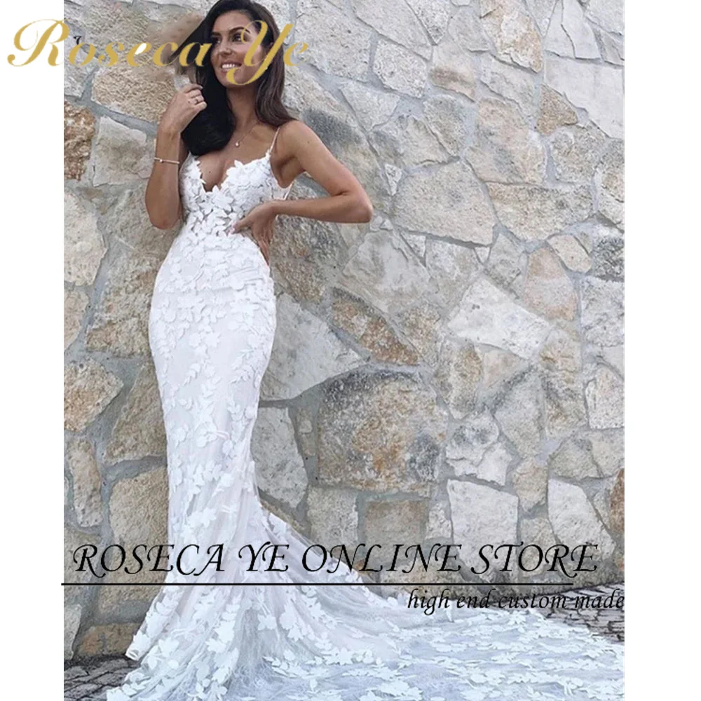 

Roseca Ye Wedding Dresses Mermaid Bridal Dress 2022 Spaghetti Straps Backless Lace Appliques Beach Bride Gowns Vestido De Noiva