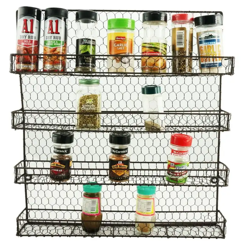 

Spice Rack Kitchen Wall Mount 4 Tier Metal Wire Spices Organizer Pantry Cabinet Chicken Wire Hanging Wall Mounted Cupboard Herbs