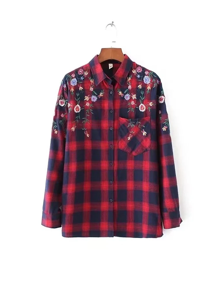 Women Red Plaid Shirts Floral Embroidery Single Breasted Blouses Office Lady Tops blusas mujer
Women Red Plaid Shirts Floral Embroidery Single Breasted Blouses Office Lady Tops blusas mujer