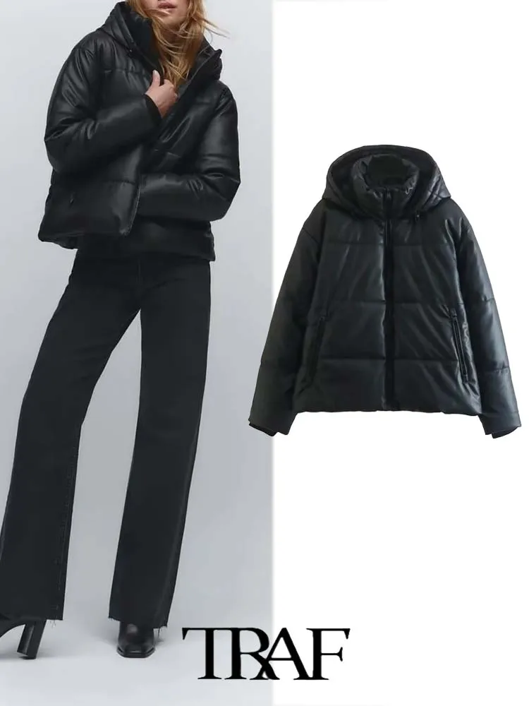 TRAF 2022 Women Fashion New Solid Color Faux Leather Hooded Cotton Jacket With Pockets Zipper Female Skirts Mujer
TRAF 2022 Women Fashion New Solid Color Faux Leather Hooded Cotton Jacket With Pockets Zipper Female Skirts Mujer