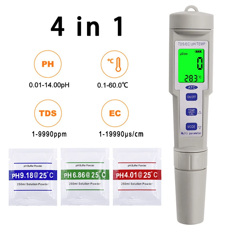 4 in1 PH/TDS/EC/TEMP Meter Water Quality PH Tester For Aquariums, Pools, Drinking Water Monitor Pen Acid Base Measuring Tool
4 in1 PH/TDS/EC/TEMP Meter Water Quality PH Tester For Aquariums, Pools, Drinking Water Monitor Pen Acid Base Measuring Tool