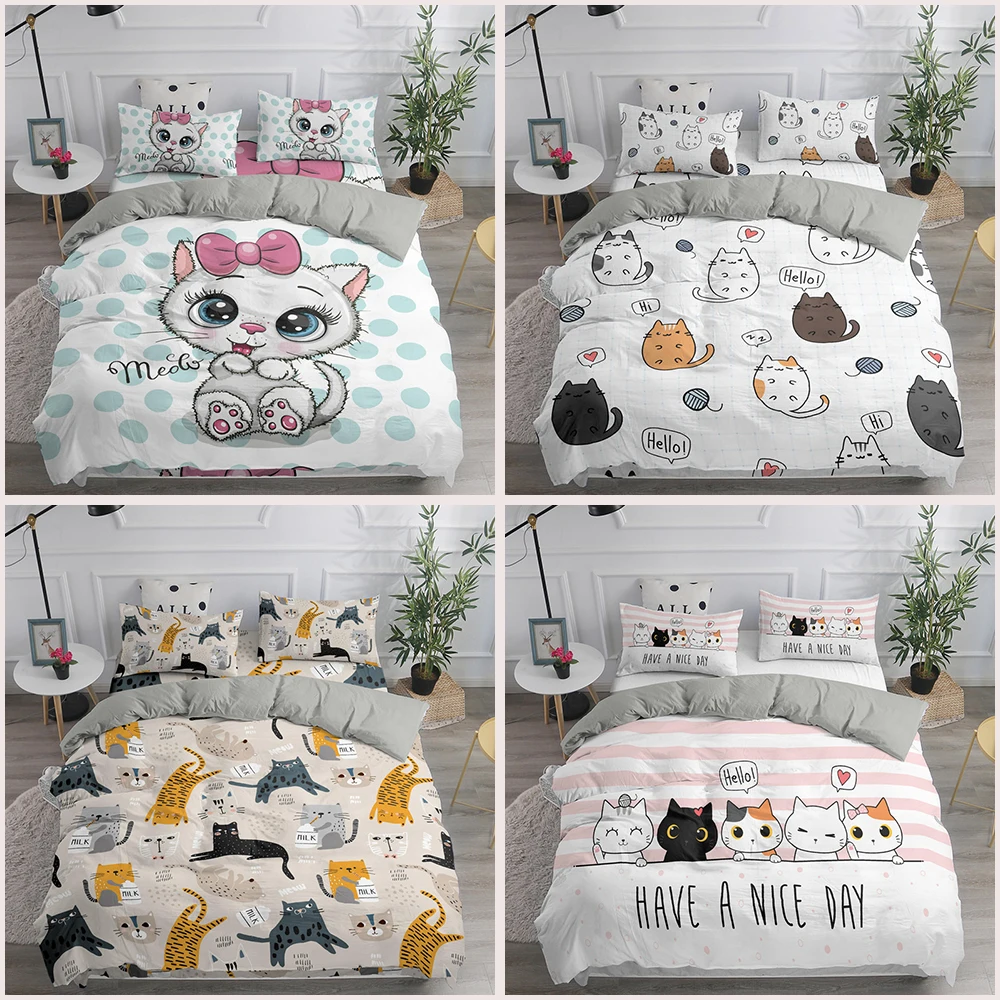 

Комплект постельного белья с мультяшным 3d-изображением милых кошек, комплект пододеяльников с принтом, двойная королева, двуспальная наволочка, пододеяльник, постельное белье